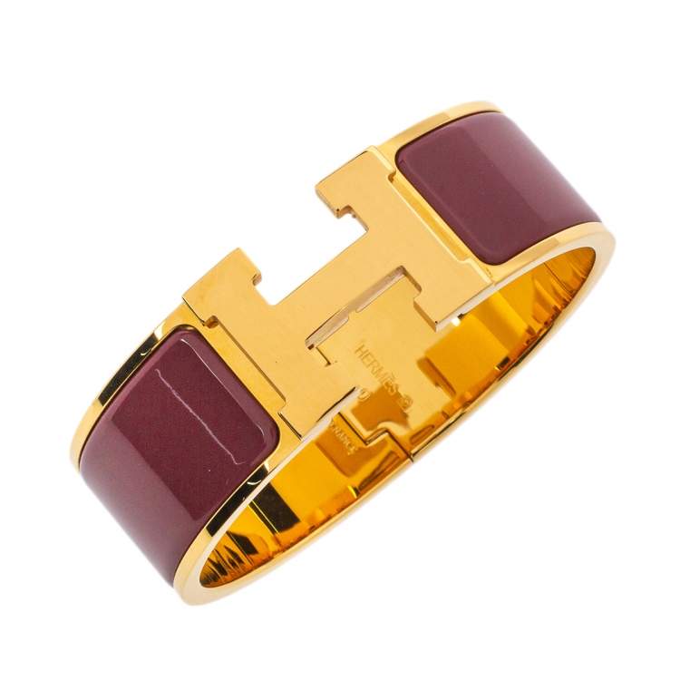 Pre Owned Hermès Clic Clac H Purple Enamel Gold Plated Wide Bracelet PM