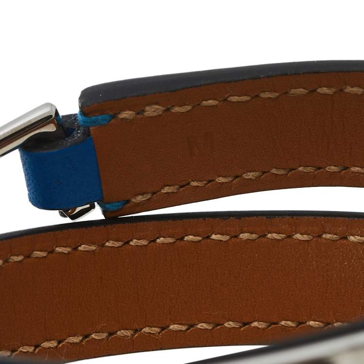 Pre Owned Hermes Blue Izmir Tadelakt Leather Palladium Plated Rivale Double Tour Bracelet M