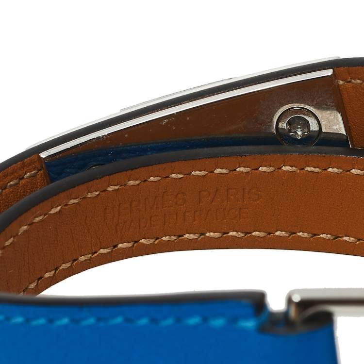 Pre Owned Hermes Blue Izmir Tadelakt Leather Palladium Plated Rivale Double Tour Bracelet M