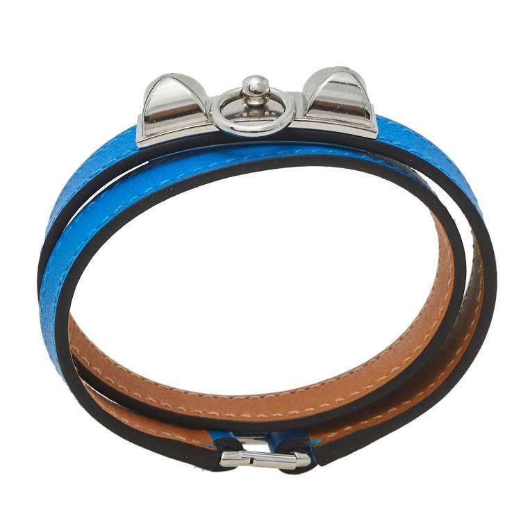 Pre Owned Hermes Blue Izmir Tadelakt Leather Palladium Plated Rivale Double Tour Bracelet M