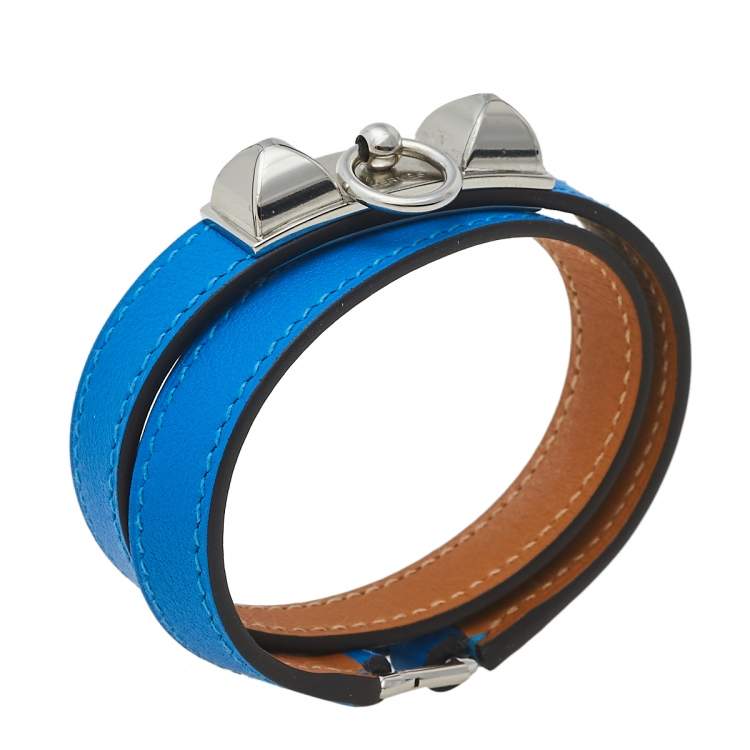 Pre Owned Hermes Blue Izmir Tadelakt Leather Palladium Plated Rivale Double Tour Bracelet M