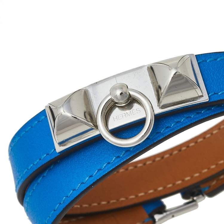 Pre Owned Hermes Blue Izmir Tadelakt Leather Palladium Plated Rivale Double Tour Bracelet M