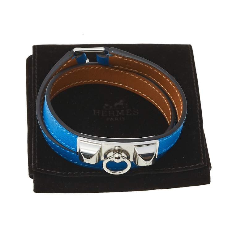 Pre Owned Hermes Blue Izmir Tadelakt Leather Palladium Plated Rivale Double Tour Bracelet M