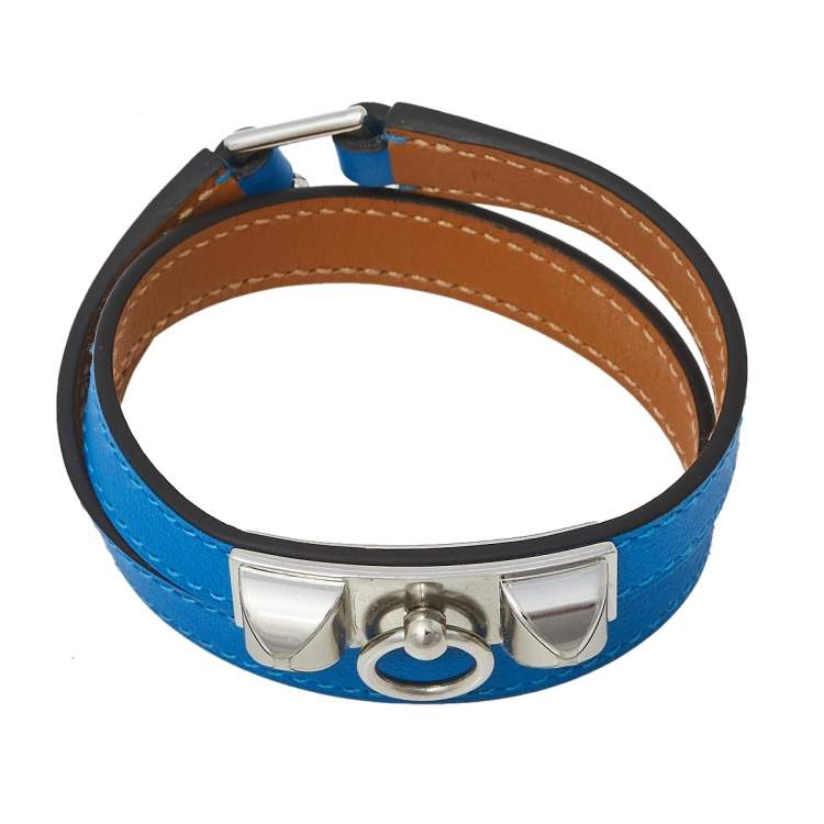 Pre Owned Hermes Blue Izmir Tadelakt Leather Palladium Plated Rivale Double Tour Bracelet M