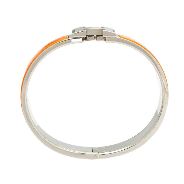Pre Owned Hermès Clic H Orange Enamel Palladium Plated Narrow Bracelet PM 