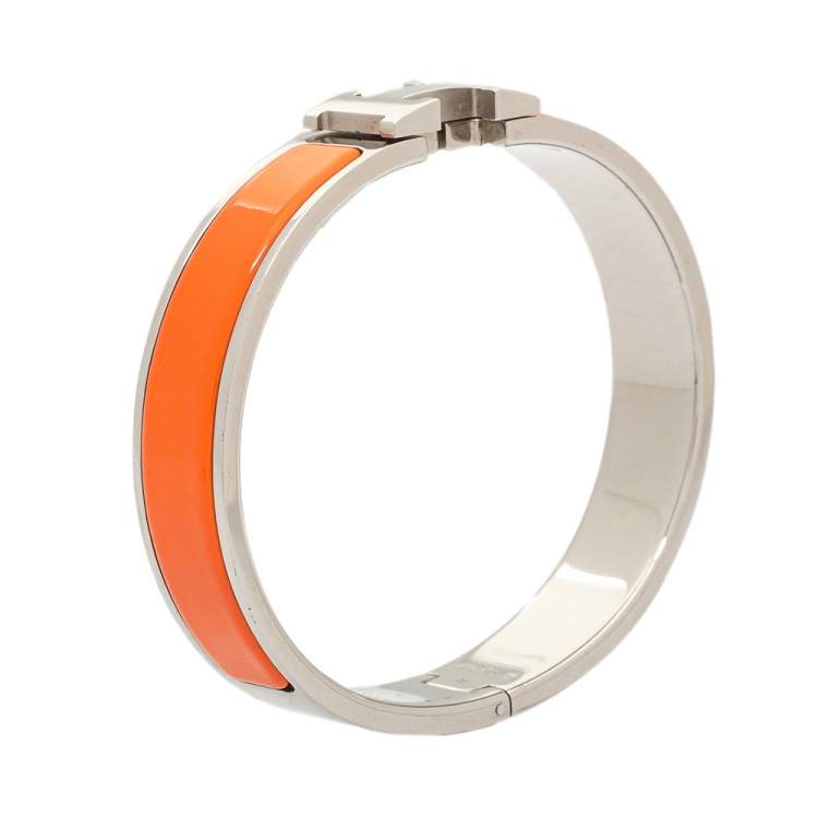 Pre Owned Hermès Clic H Orange Enamel Palladium Plated Narrow Bracelet PM 