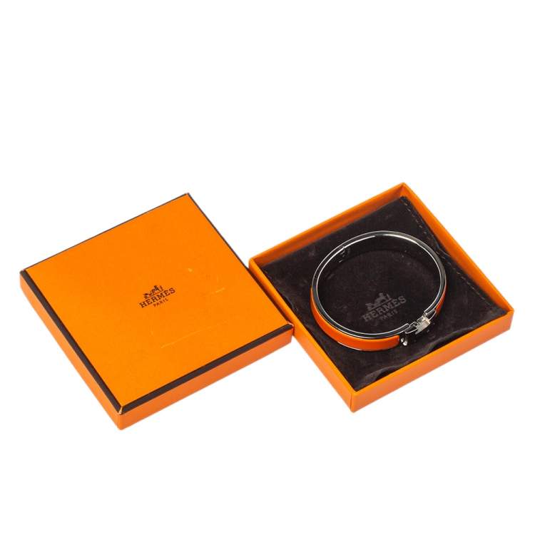 Pre Owned Hermès Clic H Orange Enamel Palladium Plated Narrow Bracelet PM 