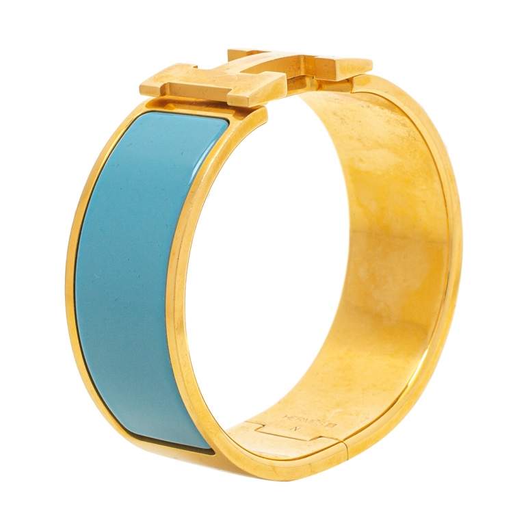 Pre Owned Hermès Clic Clac H Blue Enamel Gold Plated Wide Bracelet PM