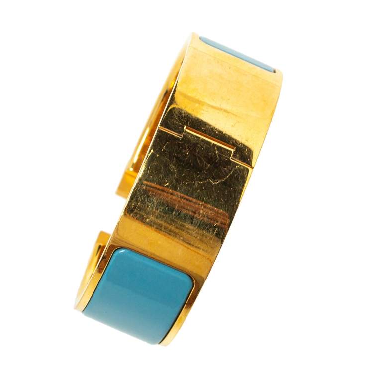 Pre Owned Hermès Clic Clac H Blue Enamel Gold Plated Wide Bracelet PM