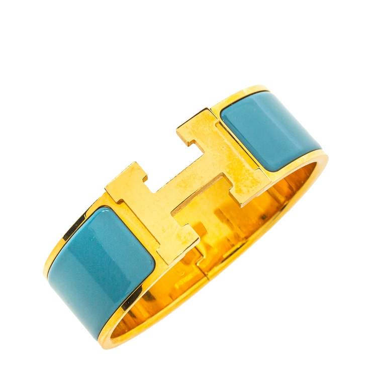 Pre Owned Hermès Clic Clac H Blue Enamel Gold Plated Wide Bracelet PM