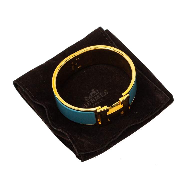 Pre Owned Hermès Clic Clac H Blue Enamel Gold Plated Wide Bracelet PM