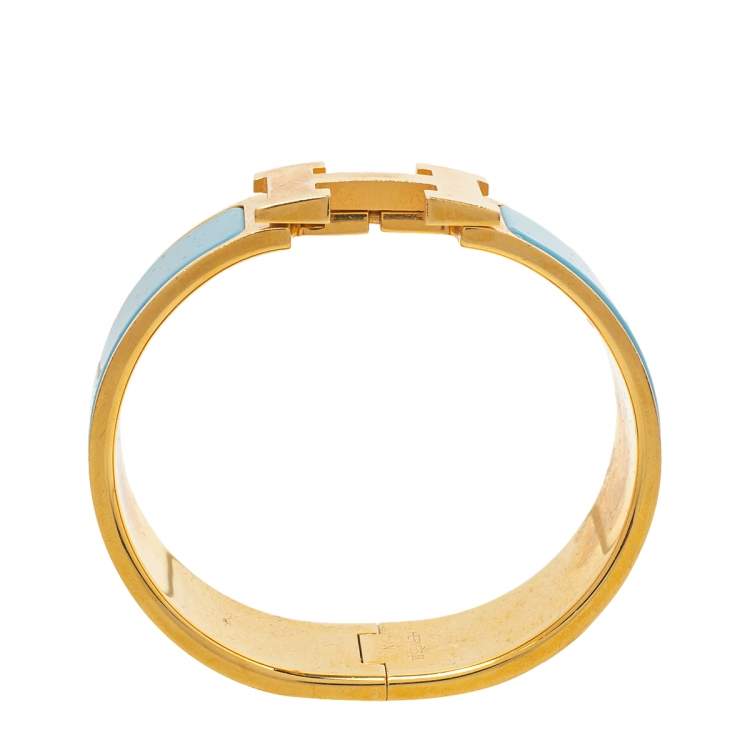 Pre Owned Hermès Clic Clac H Blue Enamel Gold Plated Wide Bracelet PM