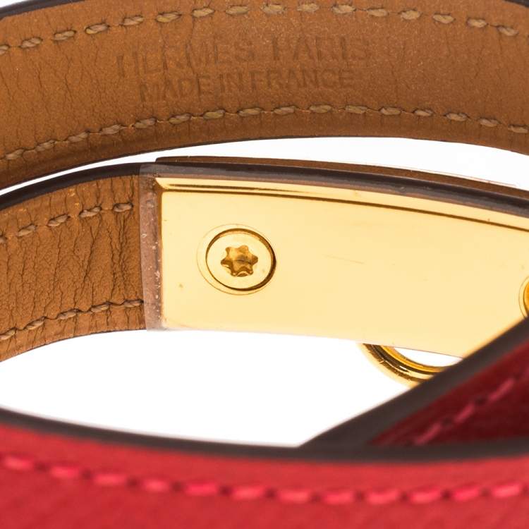 Pre Owned Hermes Rouge Casaque Epsom Leather Gold Plated Rivale Double Tour Bracelet S