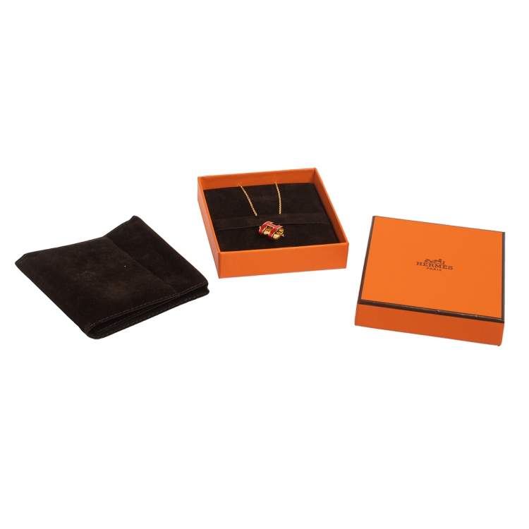 Pre Owned Hermes Red Lacquer Gold Plated Pop H Pendant Necklace