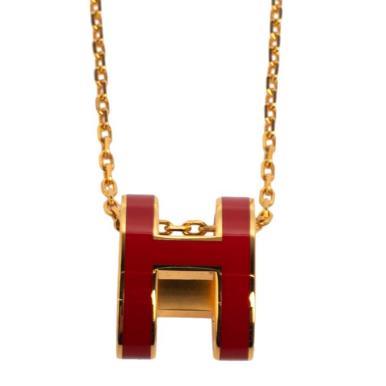 Pre Owned Hermes Red Lacquer Gold Plated Pop H Pendant Necklace