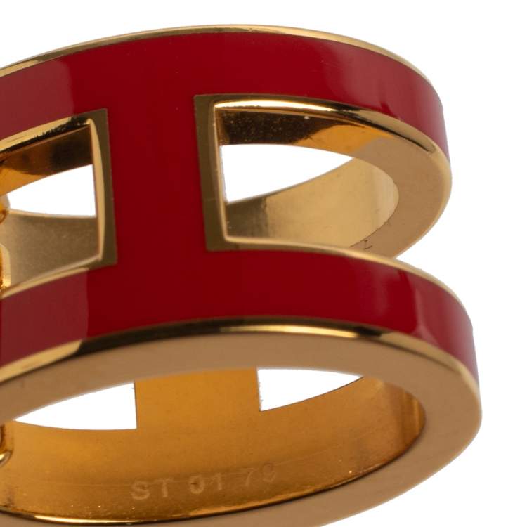 Pre Owned Hermes Red Lacquer Gold Plated Pop H Pendant Necklace