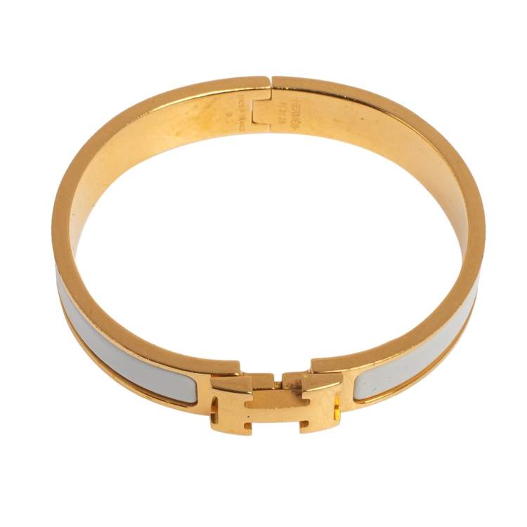 Pre Owned Hermès Clic H White Enamel Gold Plated Narrow Bracelet PM