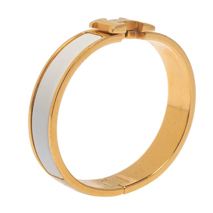 Pre Owned Hermès Clic H White Enamel Gold Plated Narrow Bracelet PM