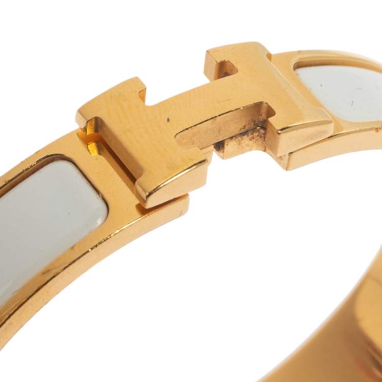 Pre Owned Hermès Clic H White Enamel Gold Plated Narrow Bracelet PM