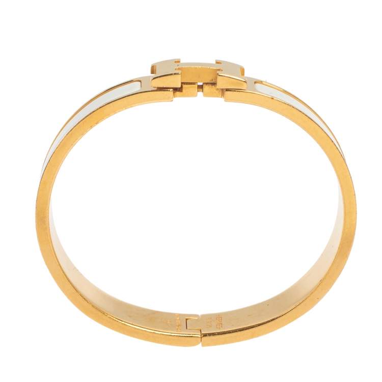 Pre Owned Hermès Clic H White Enamel Gold Plated Narrow Bracelet PM