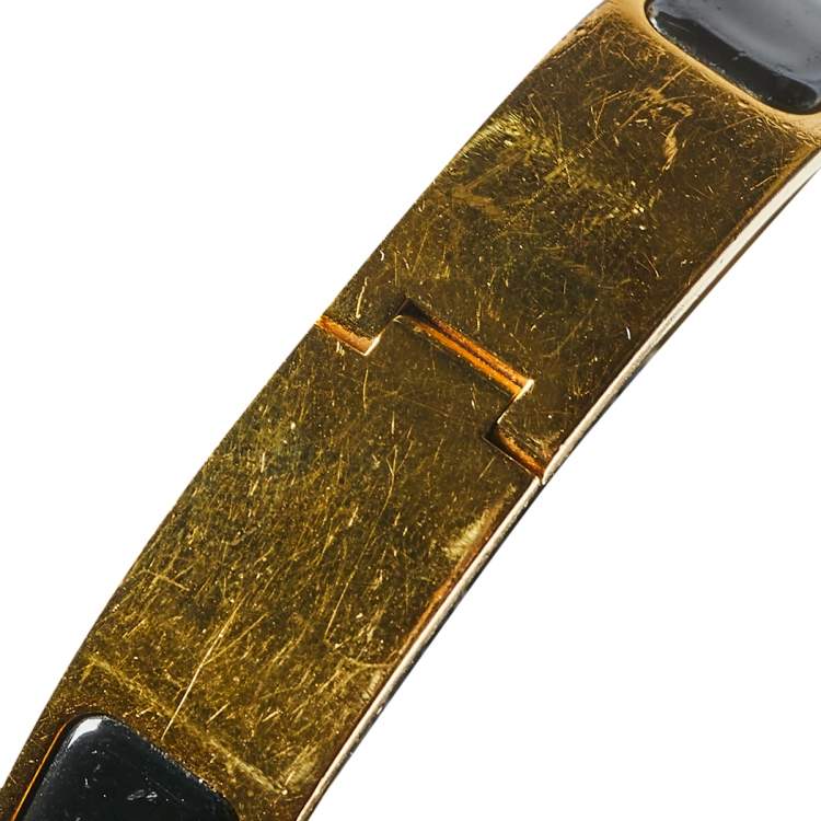 Pre Owned Hermès Clic H Black Enamel Gold Plated Narrow Bracelet PM