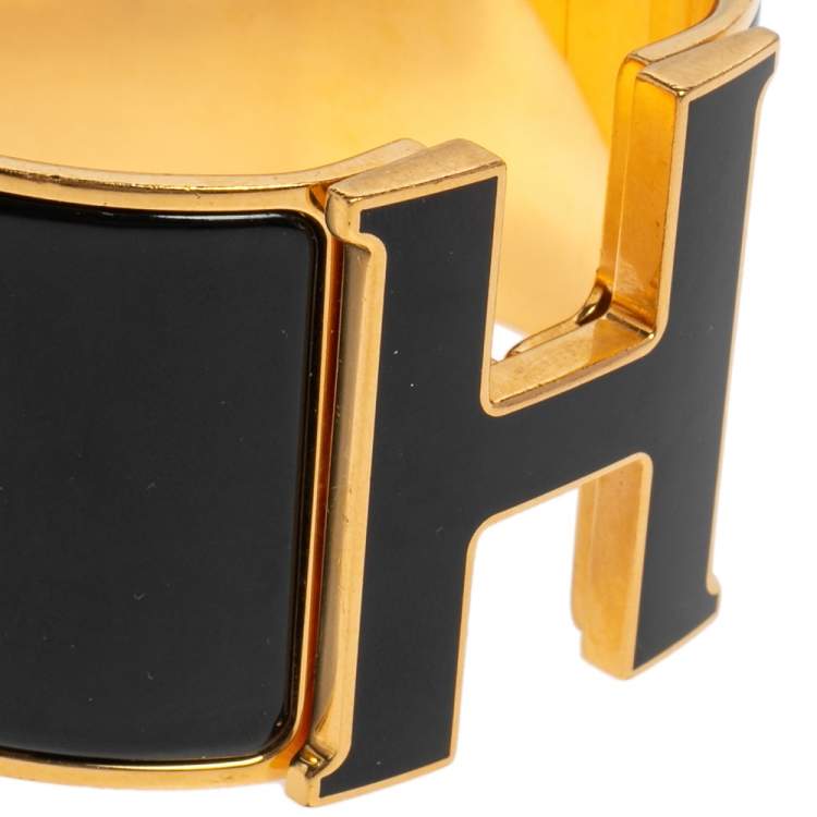 Pre Owned Hermès Clic Clac H Black Enamel Gold Plated Extra Wide Bracelet PM