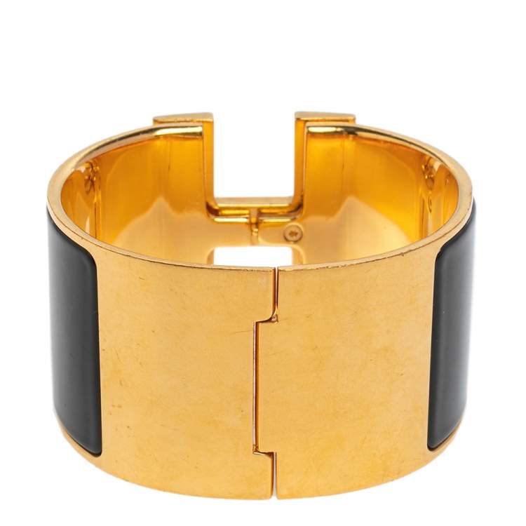 Pre Owned Hermès Clic Clac H Black Enamel Gold Plated Extra Wide Bracelet PM