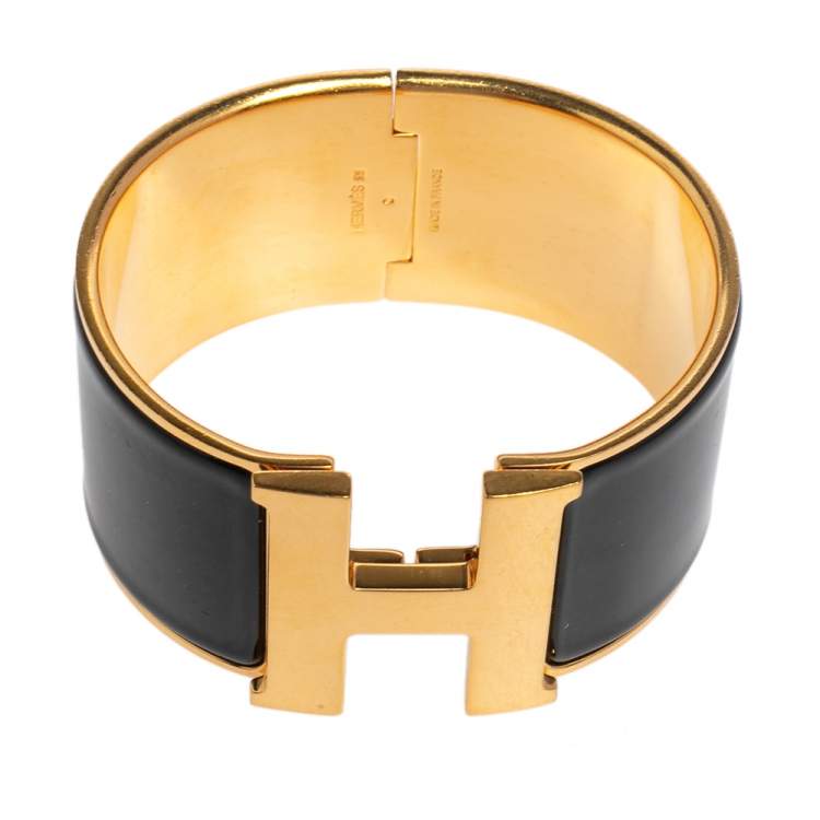 Pre Owned Hermès Clic Clac H Black Enamel Gold Plated Extra Wide Bracelet PM