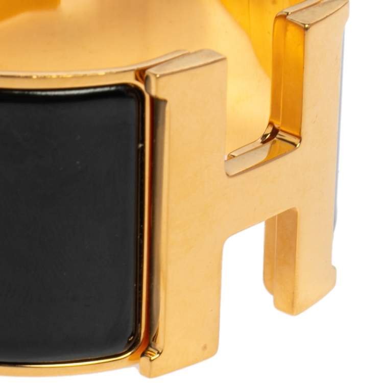 Pre Owned Hermès Clic Clac H Black Enamel Gold Plated Extra Wide Bracelet PM