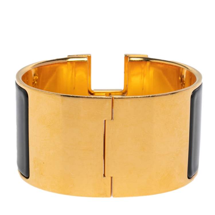 Pre Owned Hermès Clic Clac H Black Enamel Gold Plated Extra Wide Bracelet PM