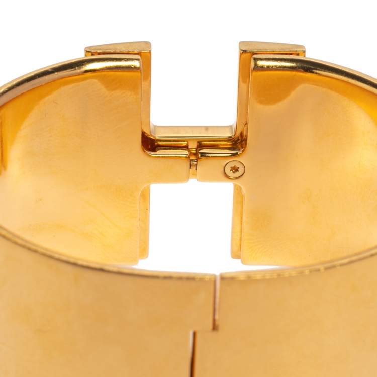Pre Owned Hermès Clic Clac H Black Enamel Gold Plated Extra Wide Bracelet PM