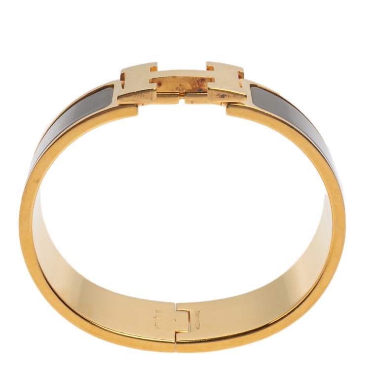 Pre Owned Hermès Clic Clac H Brown Enamel Gold Plated Wide Bracelet PM