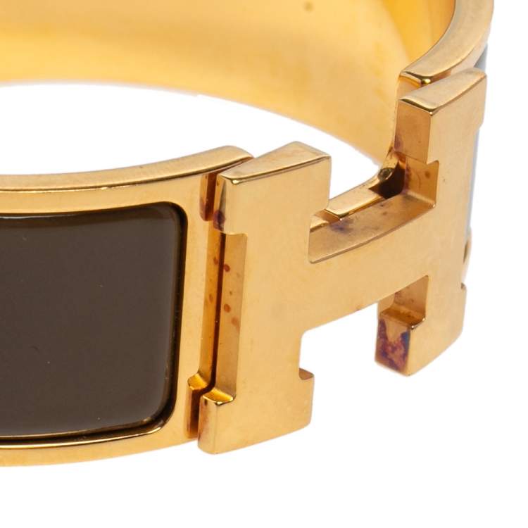 Pre Owned Hermès Clic Clac H Brown Enamel Gold Plated Wide Bracelet PM
