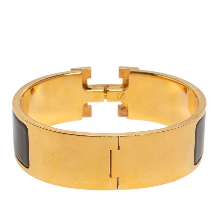 Pre Owned Hermès Clic Clac H Brown Enamel Gold Plated Wide Bracelet PM