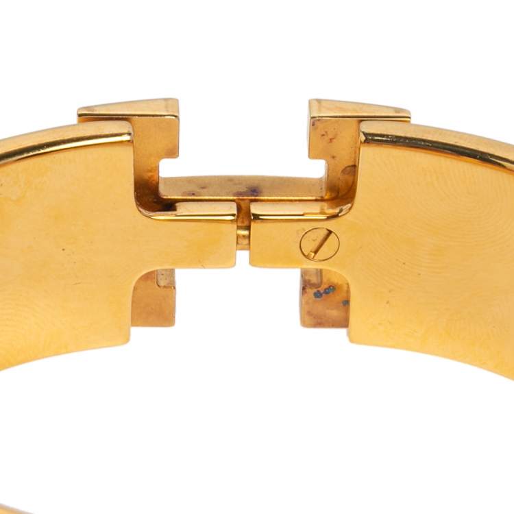 Pre Owned Hermès Clic Clac H Brown Enamel Gold Plated Wide Bracelet PM