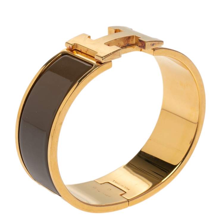 Pre Owned Hermès Clic Clac H Brown Enamel Gold Plated Wide Bracelet PM
