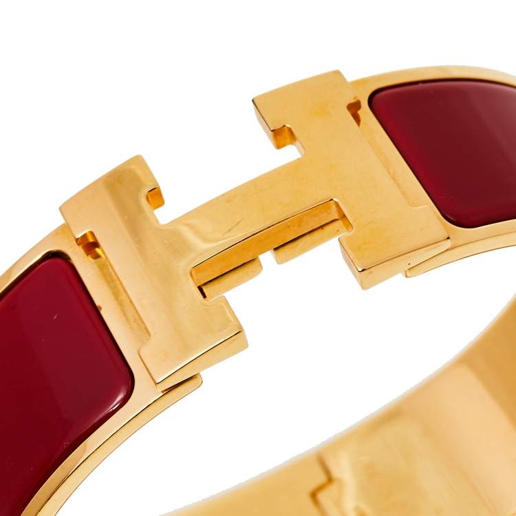 Pre Owned Hermès Clic Clac H Red Enamel Gold Plated Wide Bracelet PM