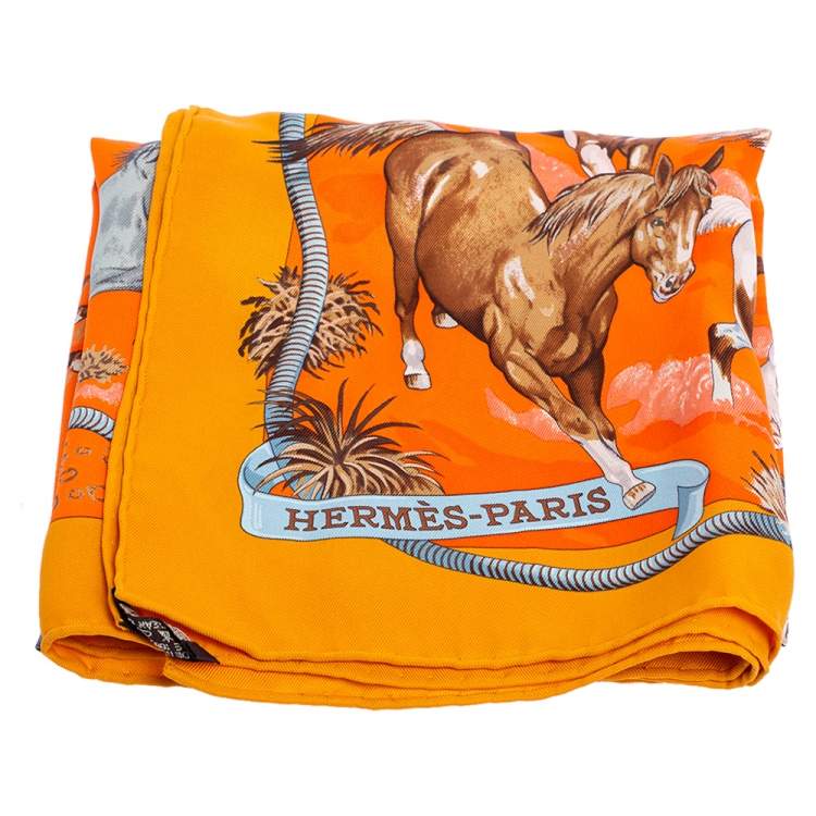 Pre Owned Hermes Orange Les Mustangs Silk Scarf