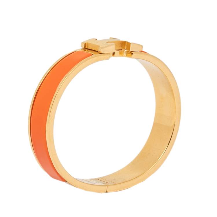 Pre Owned Hermès Clic H Orange Enamel Gold Plated Narrow Bracelet PM