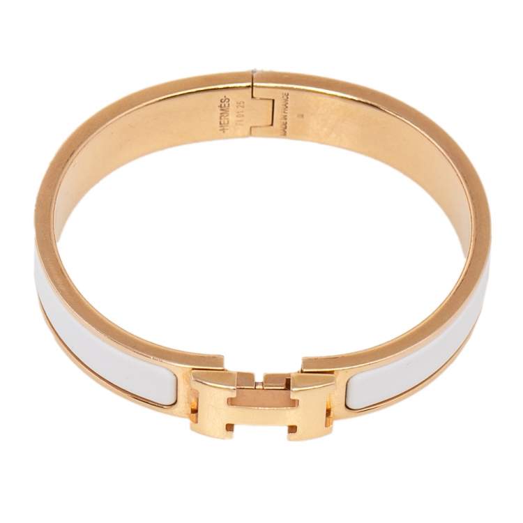 Pre Owned Hermès Clic H White Enamel Gold Plated Narrow Bracelet PM