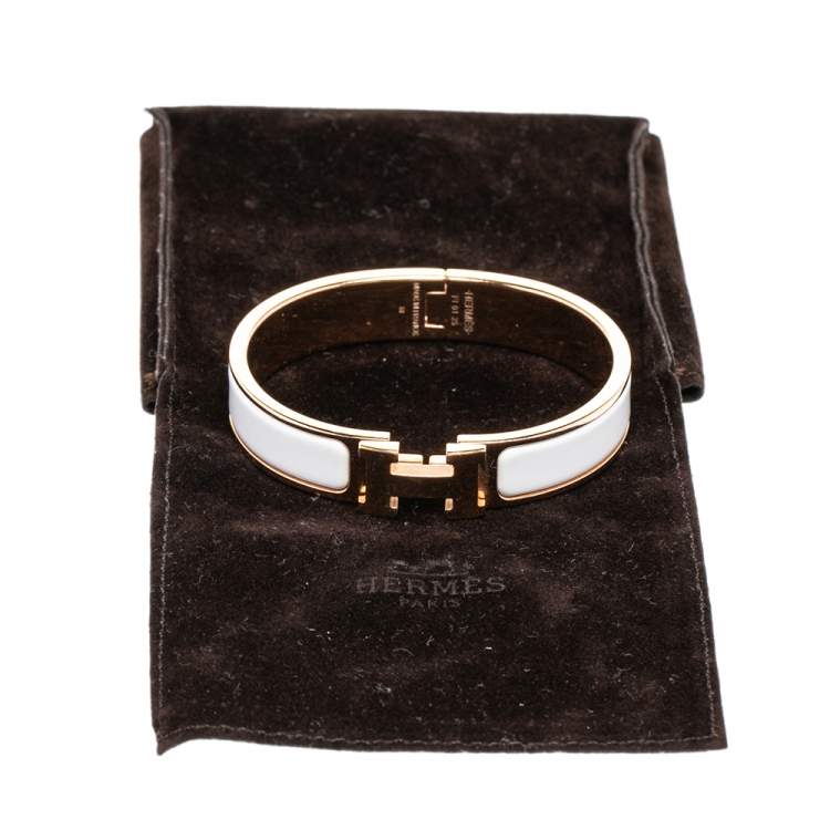 Pre Owned Hermès Clic H White Enamel Gold Plated Narrow Bracelet PM