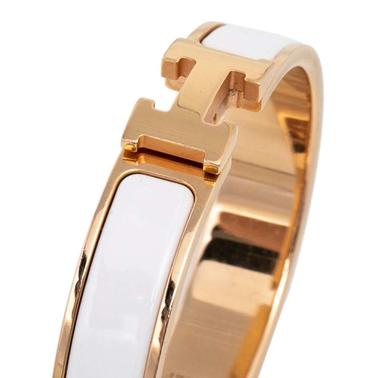 Pre Owned Hermès Clic H White Enamel Gold Plated Narrow Bracelet PM