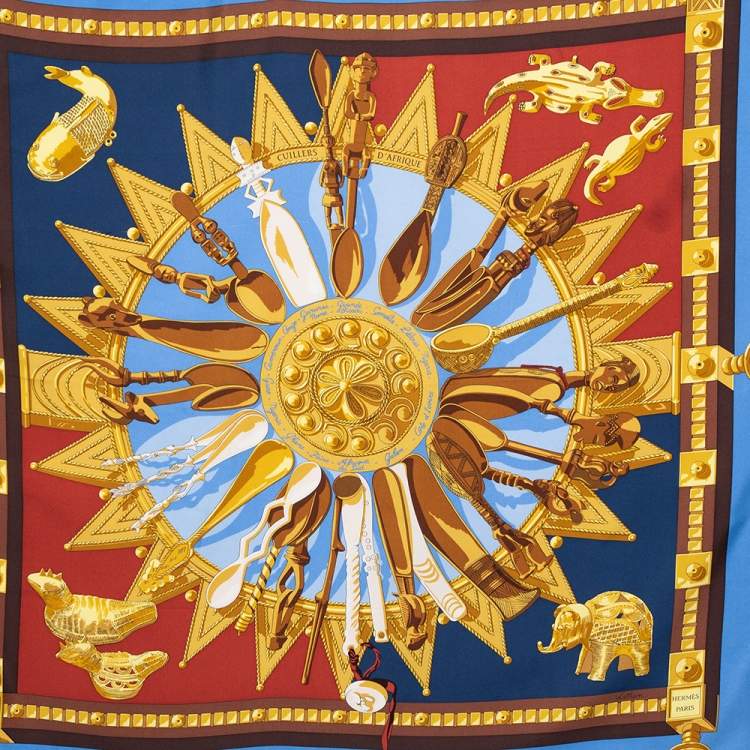 Pre Owned Hermes Blue Cuillers D'Áfrique Printed Silk Square Scarf