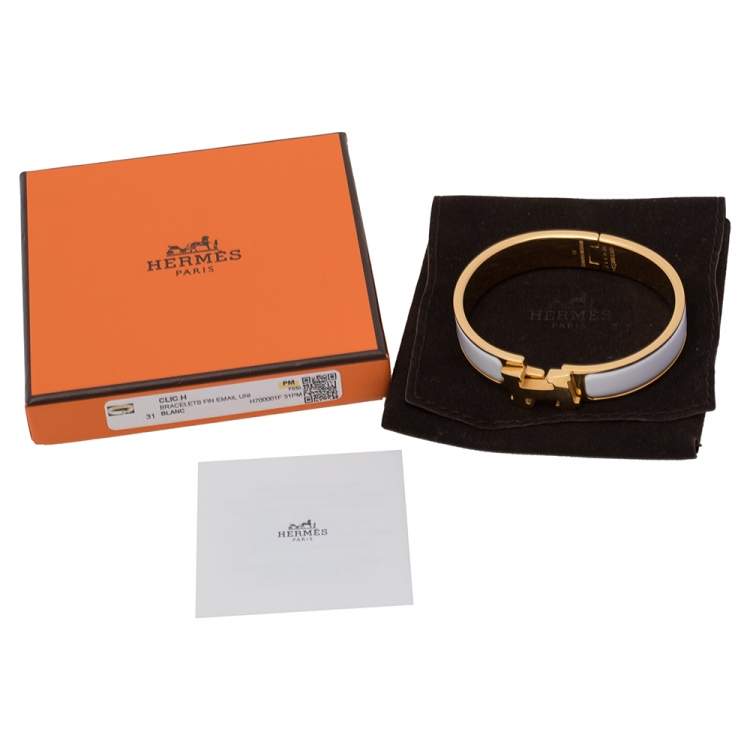Pre Owned Hermès Clic H White Enamel Gold Plated Narrow Bracelet PM 