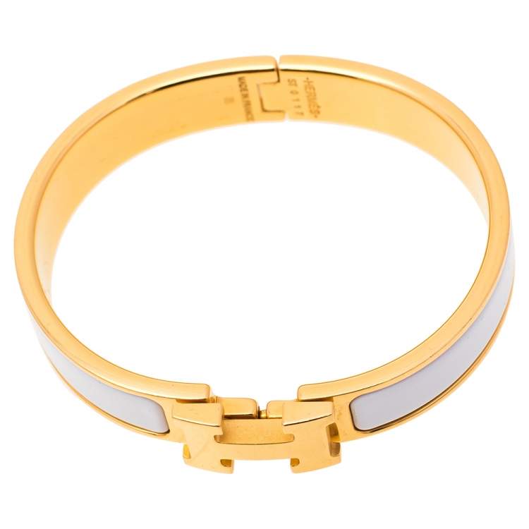 Pre Owned Hermès Clic H White Enamel Gold Plated Narrow Bracelet PM 