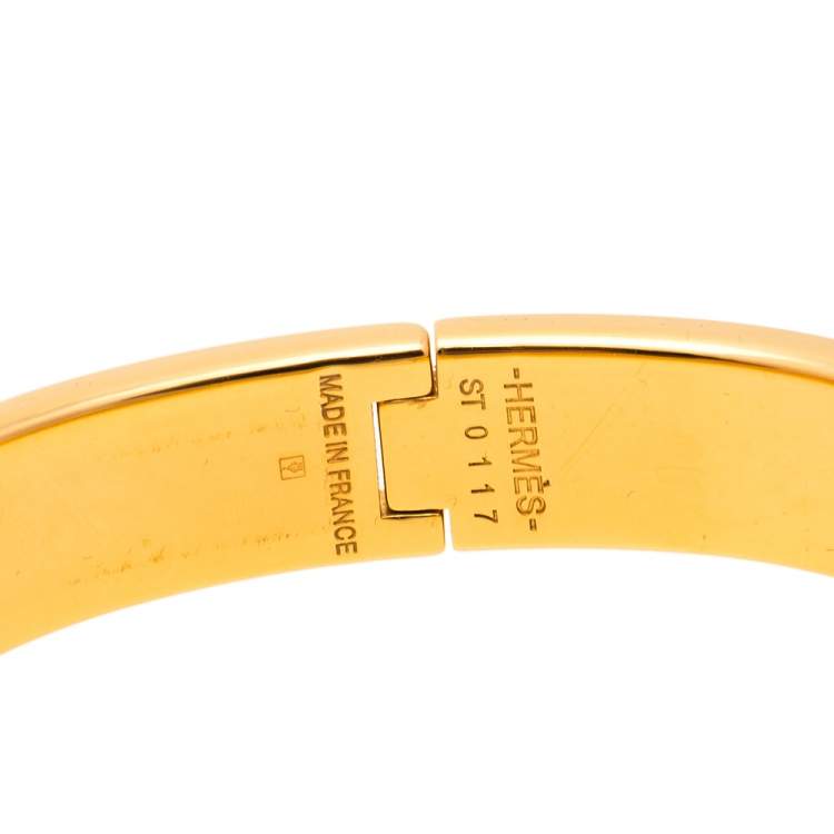 Pre Owned Hermès Clic H White Enamel Gold Plated Narrow Bracelet PM 