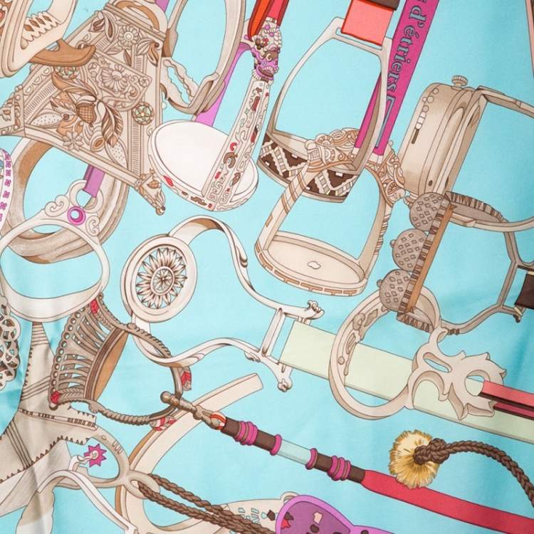 Pre Owned Hermès Blue Coutures Détriers Printed Silk Square Scarf