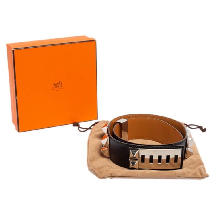 Pre Owned Hermes Noir Box Leather Palladium Plated Collier de Chien Belt 75 CM