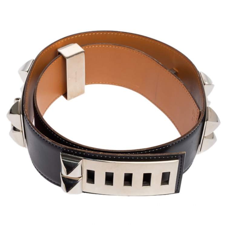 Pre Owned Hermes Noir Box Leather Palladium Plated Collier de Chien Belt 75 CM
