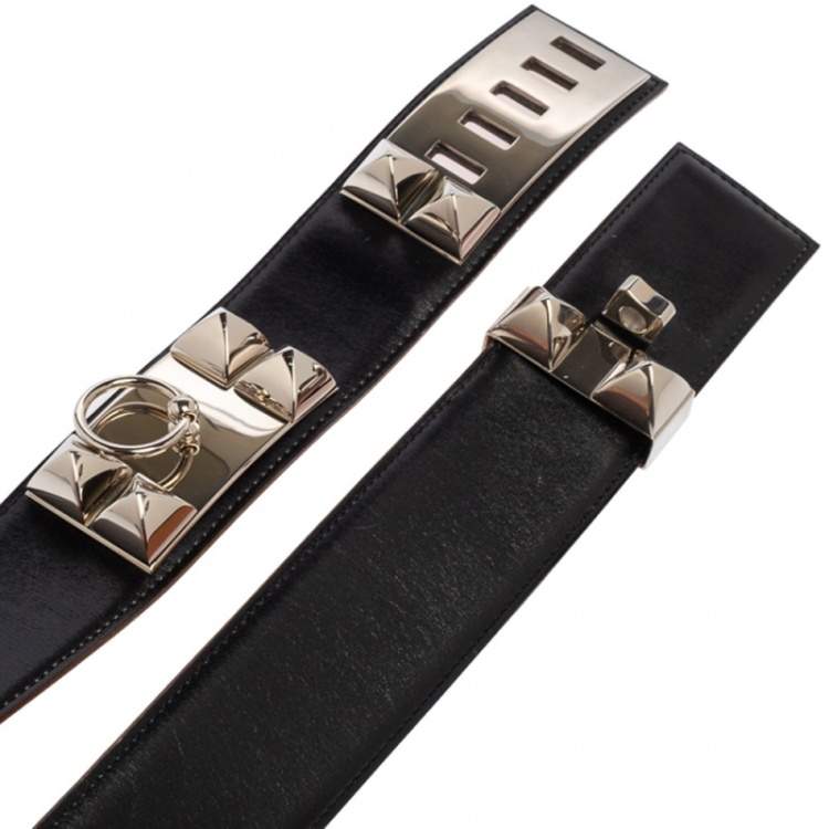 Pre Owned Hermes Noir Box Leather Palladium Plated Collier de Chien Belt 75 CM